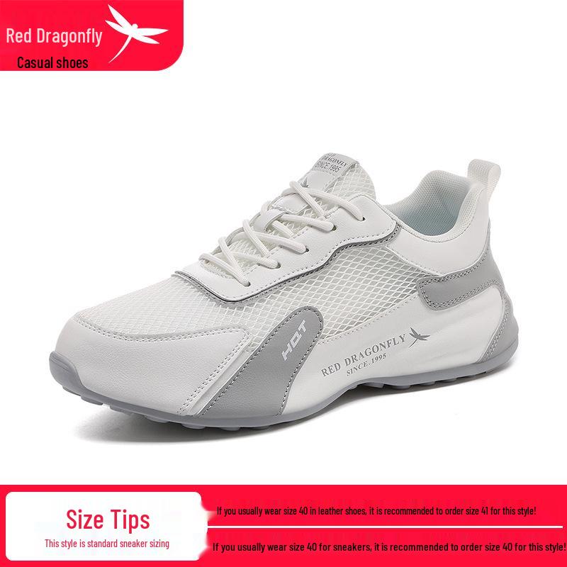 Red Dragonfly Men's Waterproof Leather Sneakers with Mesh Upper, Thick Rubber Sole, and Height Boost for Spring/Autumn Travel