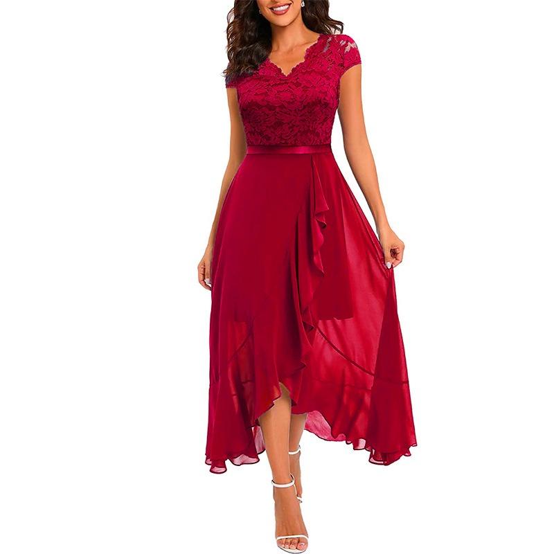 JPNTKY Fashion Summer Spring Solid Color Print Short Sleeve V-Neck Casual Dresses