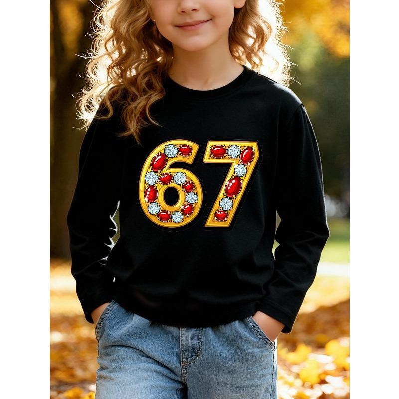 Unisex Kids Pink Crewneck Sweatshirt For 4-12 Boys Girls Luxury Golden Frame Ruby Diamond Inlaid Number 67 Cartoon Gem Jewelry Print