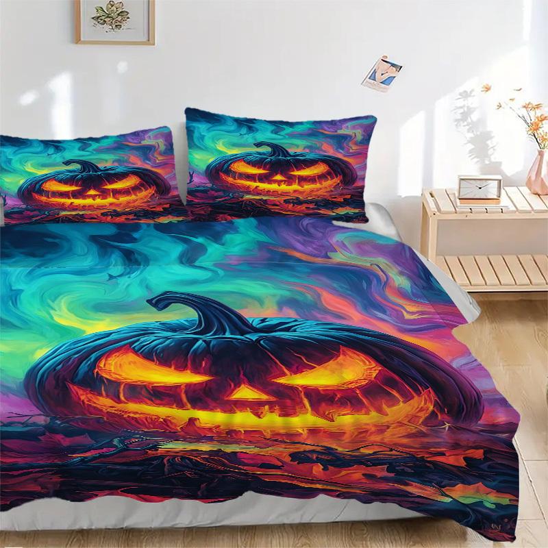 3pc Pumpkin Halloween Cover Set - 1 Quilt Cover + 2 Pillowcases, All Seasons Bedroom Setting, Perfect for Home074