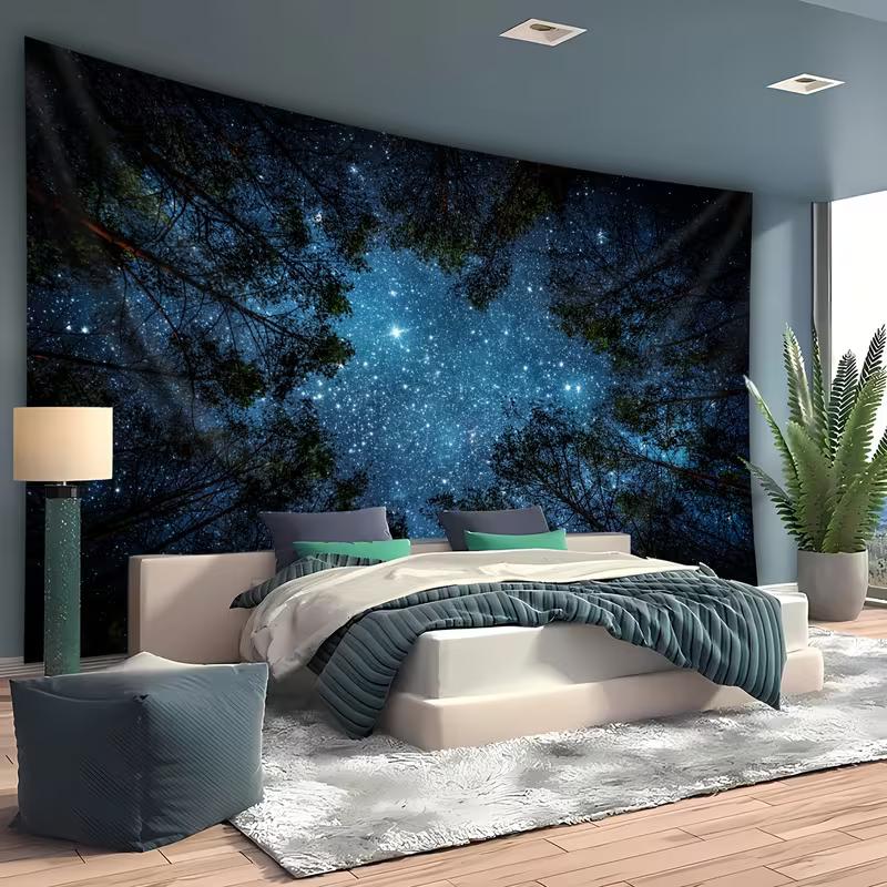 2D Starry Forest Tapestry Night Sky Through Pine Tree Canopy Wall Decor