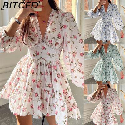 Women's Elegant Sweet Floral Print V-Neck Pleated Short-Sleeve Spring Dress