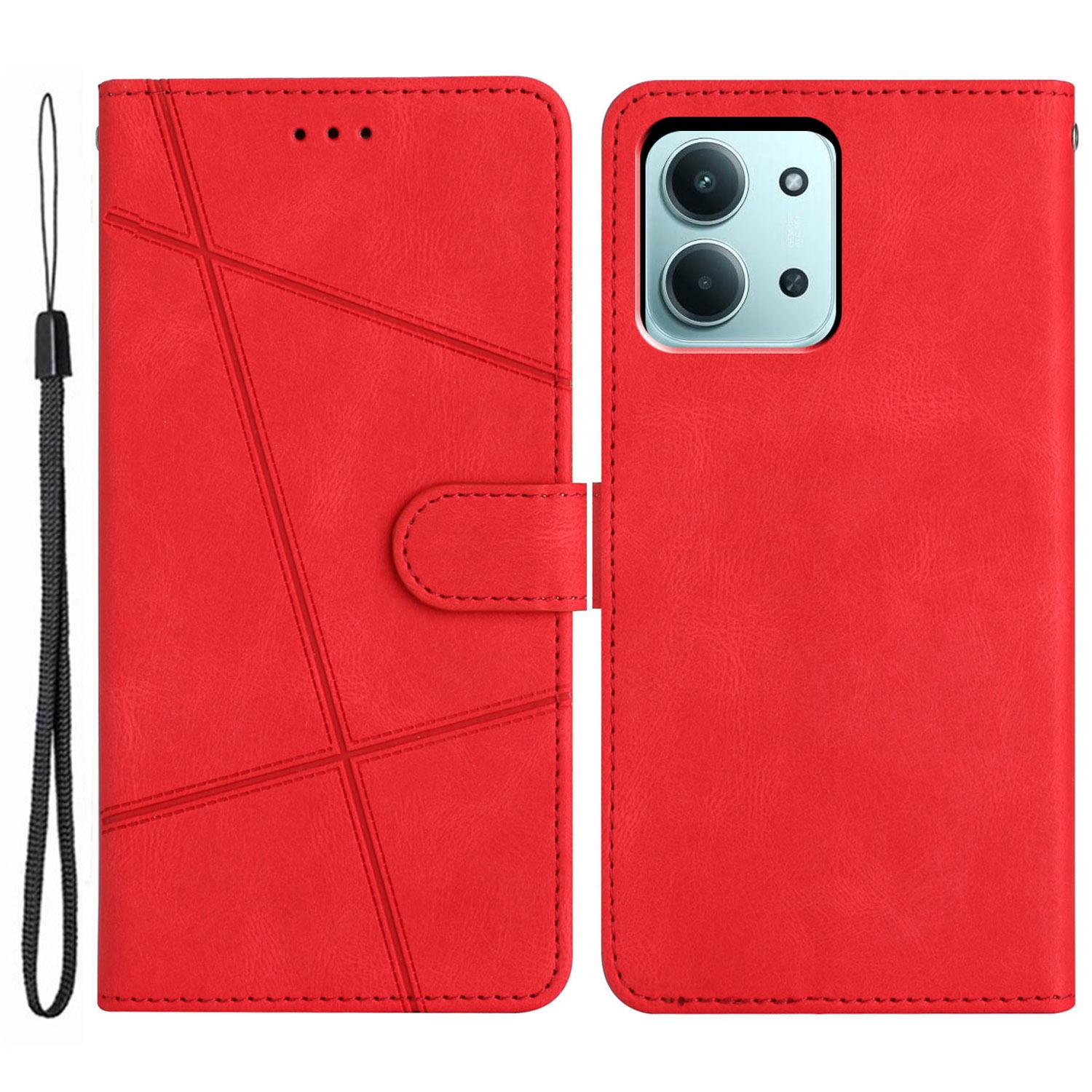 

For Xiaomi Redmi 15C 5G (EU) (173mm)/15C 4G (EU) (173mm) Wallet Case Line Imprinted Skin-Touch Leather Flip Phone Cover Red