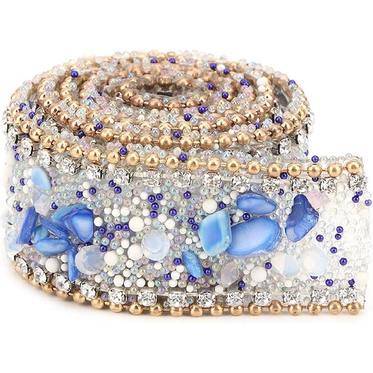 Diamond Ribbon, Dazzling 2.5cm DIY Diamond Mesh Wrap Roll Crystal Rhinestones Chain Trim Ribbon Decoration (Sapphire Blue Stone + Gold Bead Chain)
