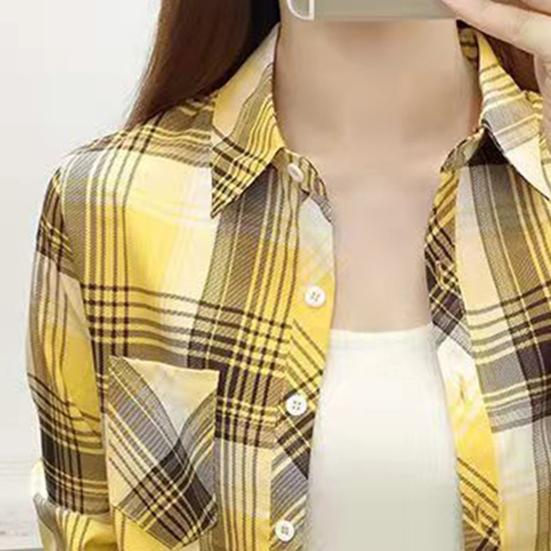 Camisa de mujer con solapa, manga larga, botonadura sencilla, bolsillos de parche, estampado a cuadros, estilo informal, abrigo