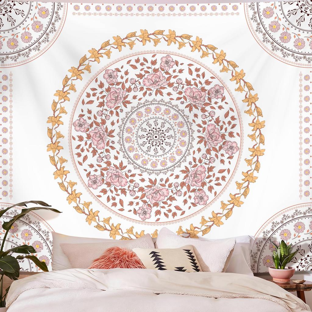 Pink Boho Mandala Floral Tapestry Wall Hanging for Bedroom, Bohemian Flower Aesthetic Cute Room Decor for Girls, Indian Style