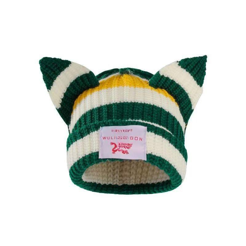 Pig Hat Korean New Contrasting Color Cute Pig Ears Thickened Warm Wool Hat Men and Women Autumn and Winter Color Blocking Knitted Hat