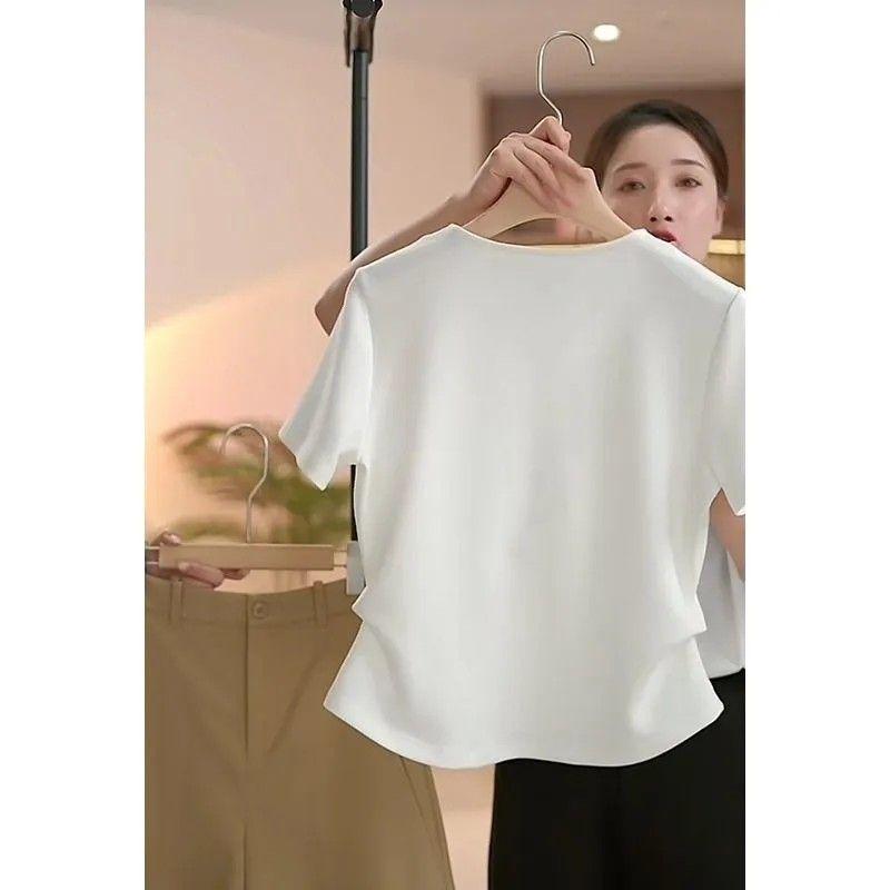 Women's White V-Neck Short Sleeve Button Front Ruched Waist Slim Fit Blouse Elegant Casual Summer Tee