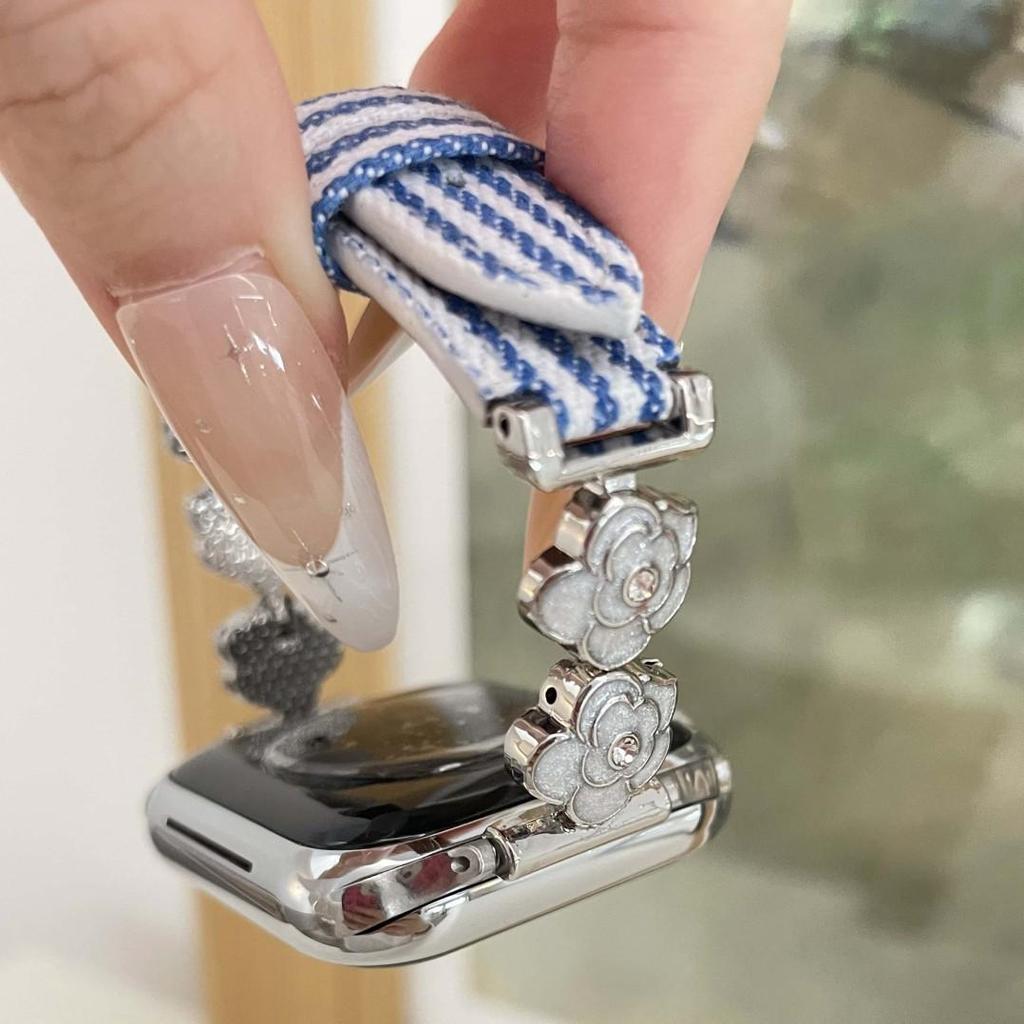 Striped Camellia Apple iWatch 11 & Xiaomi Band 10 Straps with Huawei GT Leather Stitching Wristband