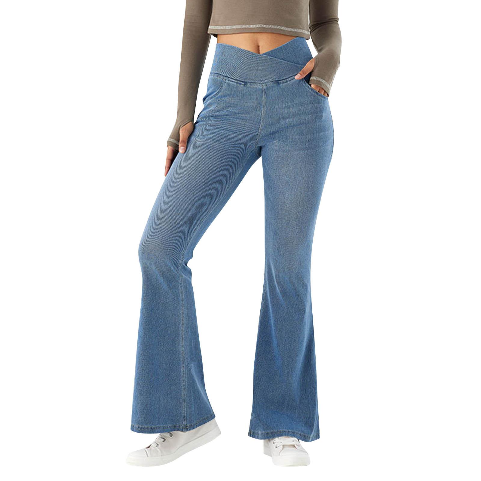 

Женские однотонные джинсы с высокой талией для отдыха, стандартные джинсы с карманами и высокой талией, крутые дышащие, стираные, эластичные повседневные брюки-суперклеш XL светло-синий