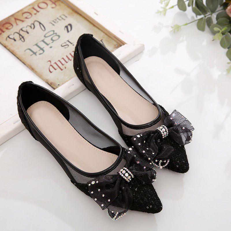 Breathable Pointed Small Fragrant Wind Lady Doudou Shoes Summer New Flat-bottom Mesh Yarn Light Mouth Lace Bow Single Shoes