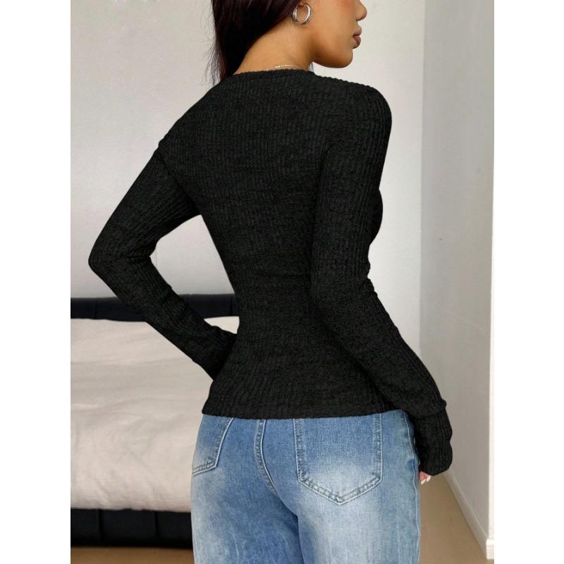 Women S French Style Lace Trim V Neck Long Sleeve Knit Top For Early Autumn