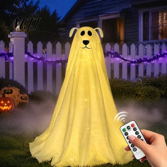 Trick or Treat Yard Sign Lighted Ghost Dog Halloween Decoration, Battery Operated Freestanding Spooky Glowing for Patio with Remote And String