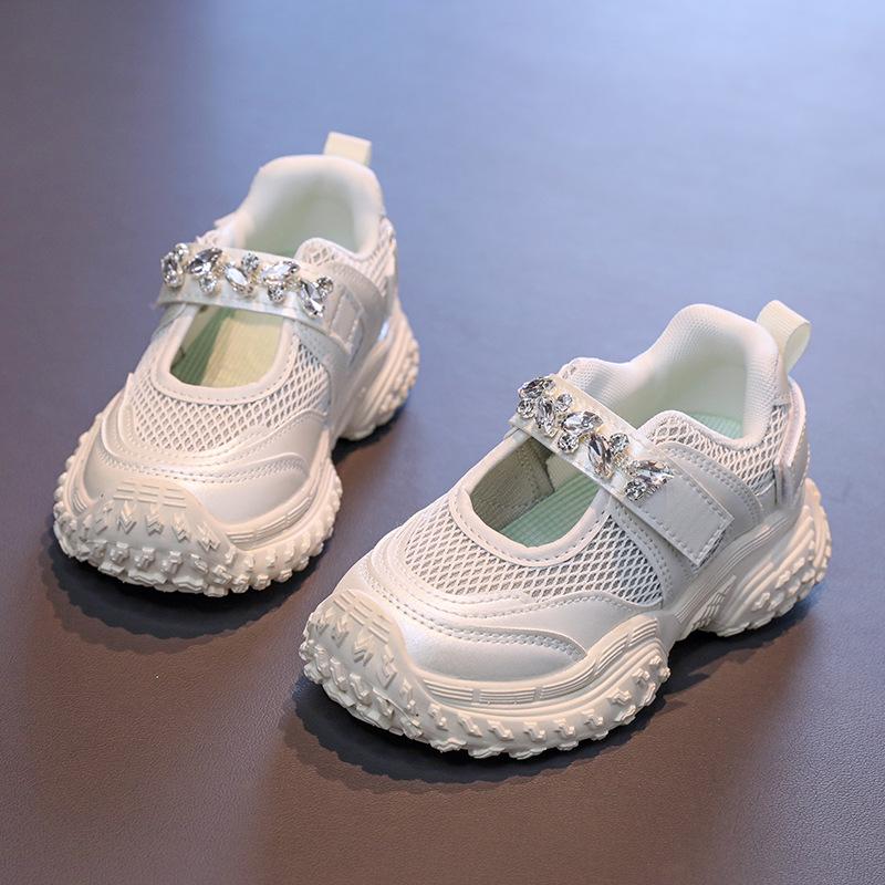 

Kids Sports Sandals Mesh Breathable Non-slip Girls Princess Shoes Shiny Crystal 2025 Spring Autumn Girls Running Shoes Hook&loop 26 бежевий