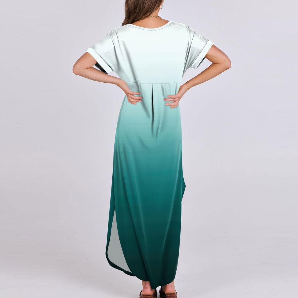 Women Summer Casual Loose  V Neck Short Sleeve Beach Maxi Long Dresses Trendy Outfits