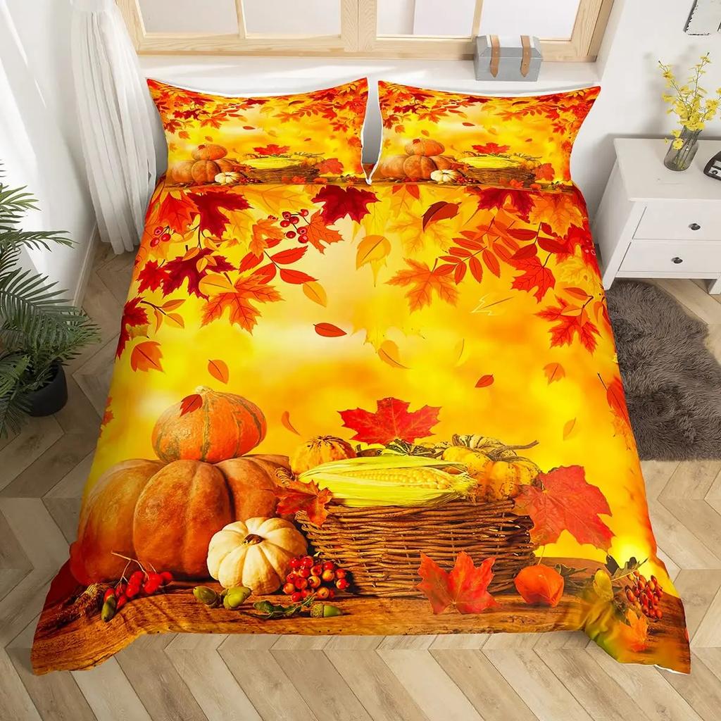 Thanksgiving Day Pumpkin King Queen Bedding Set Kids Cartoon Autumn Duvet Cover Fall Leaf Comforter Cover Polyester Quilt Cover
