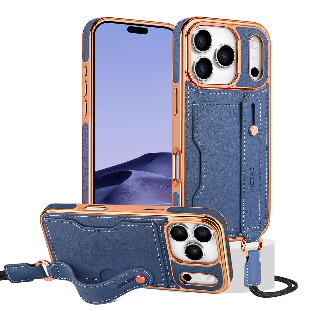 

VIETAO Shoulder Strap PU Leather Cell Phone Case With Card Holder, Kickstand Holder For iPhone 17 16 15 14 13 12 Pro Max,Air iPhone 14 синій