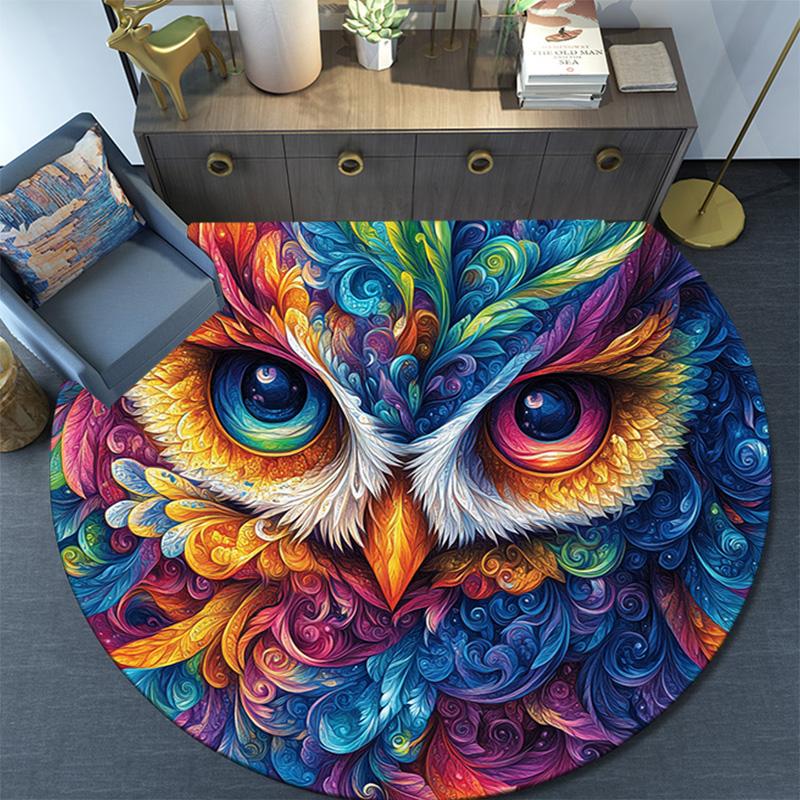 Colorful Owl Round Area Rug,Carpet Rug for Living Room Bedroom Sofa Playroom Decor,Non-slip Floor Mat