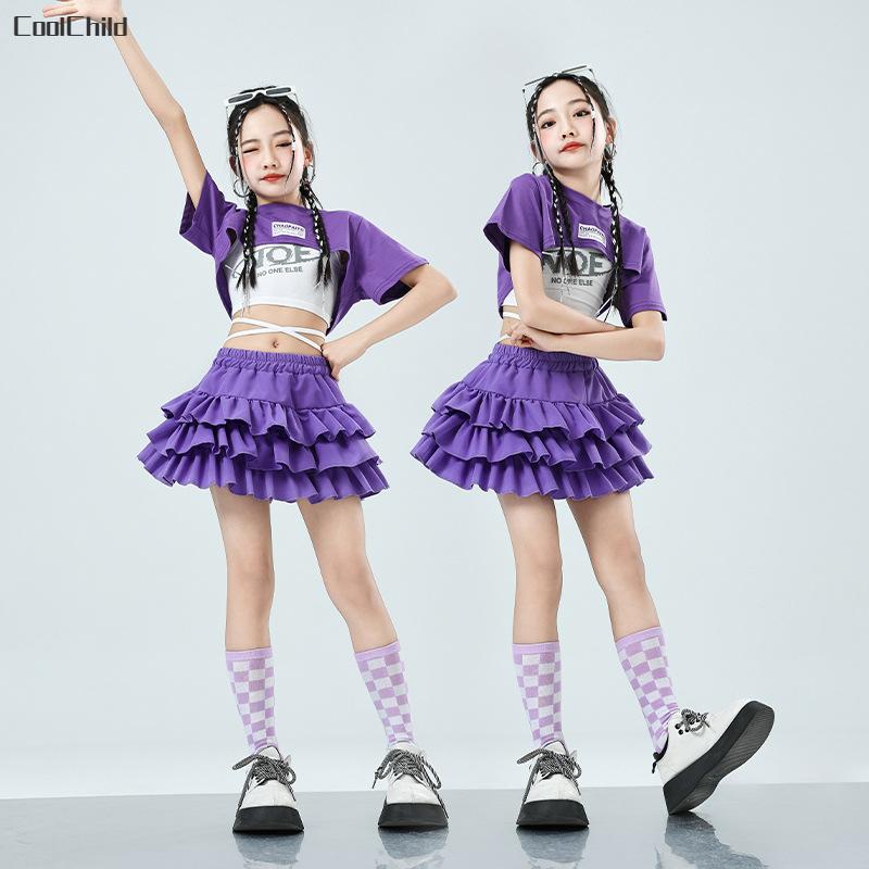 Girls Cute Summer Streetwear Children Hip Hop Crop Top Purple Tiered Skirts Clothes Sets Kids Teens Street Dance Jazz Costumes