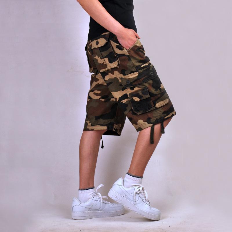 Men solid khaki multi pocket cargo knee shorts loose fit outdoor street casual walking bottoms