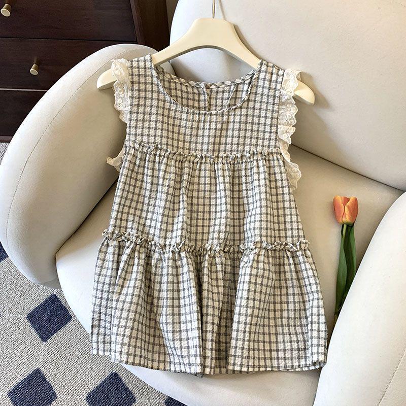 French Patchwork Lace Ruffle Sleeveless Top - Summer Plaid Style M 90-105 кремовый/белый