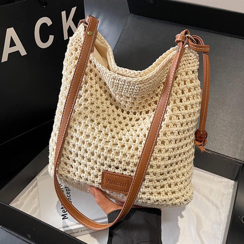 Grid-eye Hollowed-out Interwoven Knitted Large-capacity Shopping Bag with Shoulder Strap and Side Carry for Women