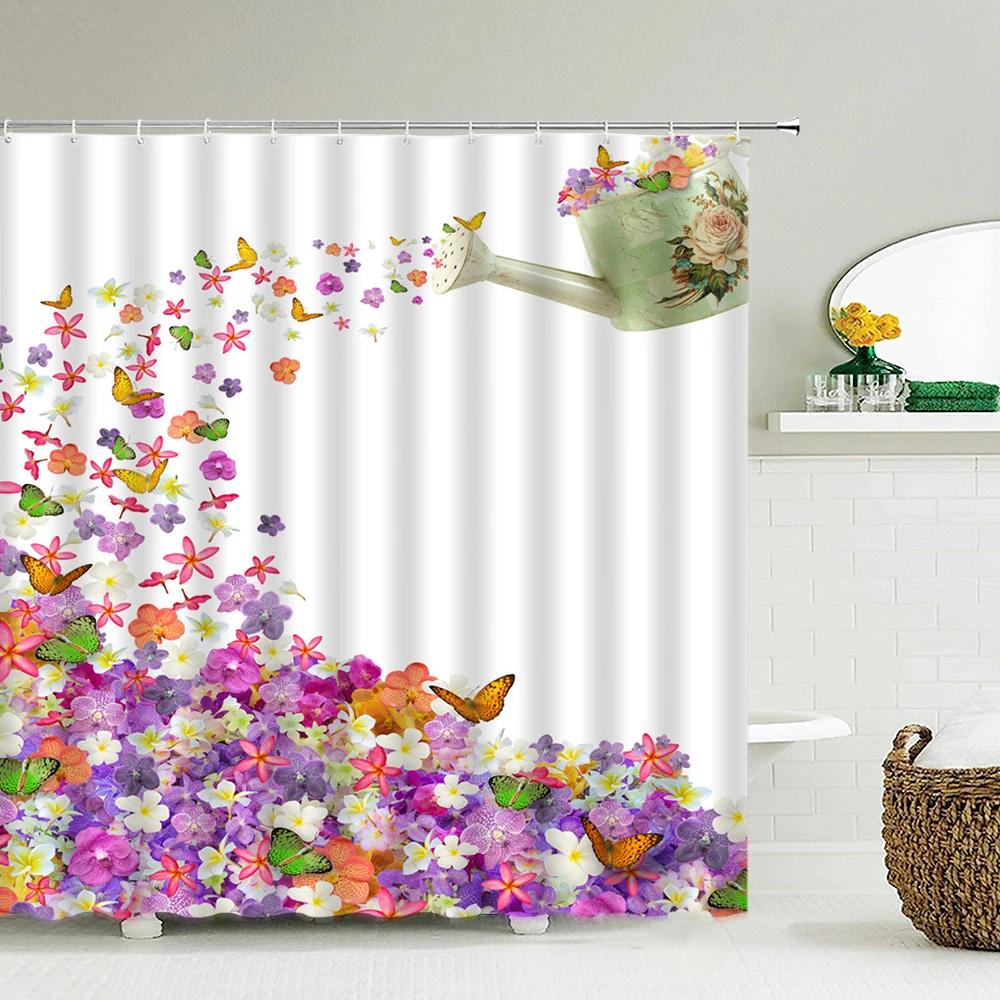

Красивые Цветы Занавеска для Душа Ванная Водонепроницаемая Занавеска для Душа Птицы Бабочка Принт Шторы для Ванны Душа С Крючками W90xH180cm