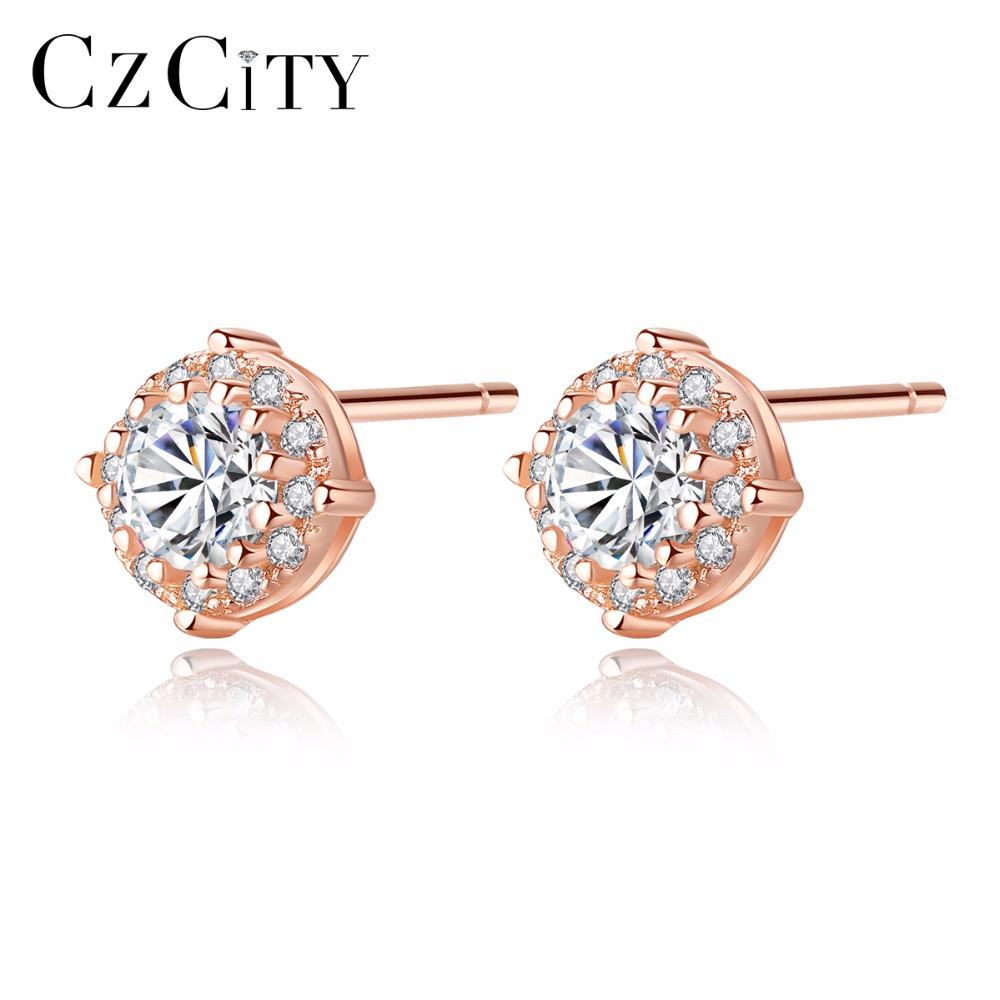 CZCITY High-quality Shiny Circle Elegant CZ Crystal & Fine 925 Silver Stud Earring for Women Engagement Gift Party