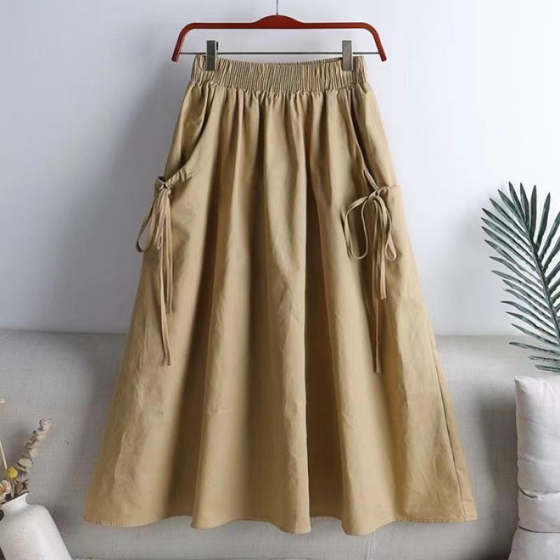 Drawstring midi skirt for women, 2026 summer new style, versatile solid color, drawstring pocket, elastic waist, mid-length workwear skirt
