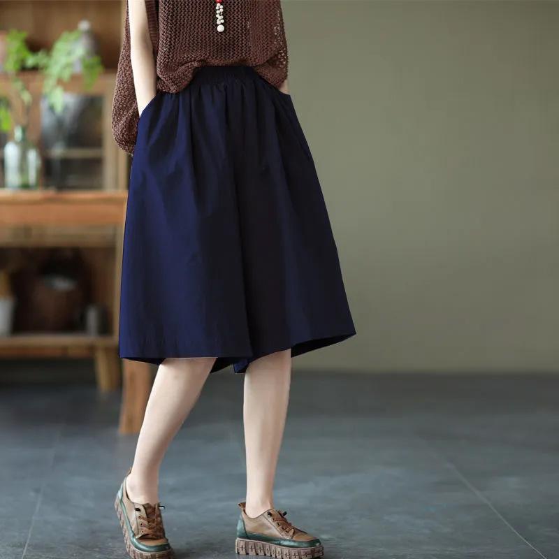 Cotton Shorts Women Summer Vintage Loose Large Size High Waist Casual Elastic Wide Leg Pants