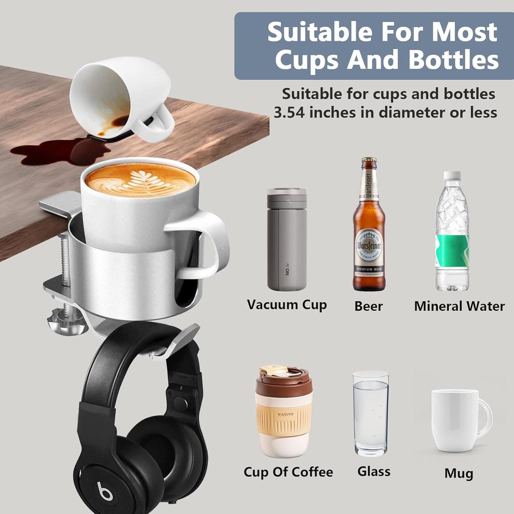 Aluminum Alloy Clamp-On Desk Cup Holder 360 Degree Rotatable Headphone Bag Hanger