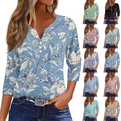 Women's T Shirt Tee Print Button  3/4 SleeveDaily Weekend Fashion Basic V- Neck Regular Top
