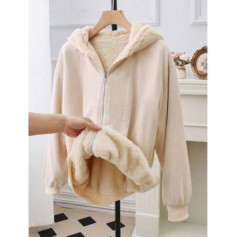 

Women s Plus Velvet Hooded Cardigan Jacket - Thick, Loose Fit for Autumn & Winter 2025 XL (suggested 121-140 lbs) абрикосовий