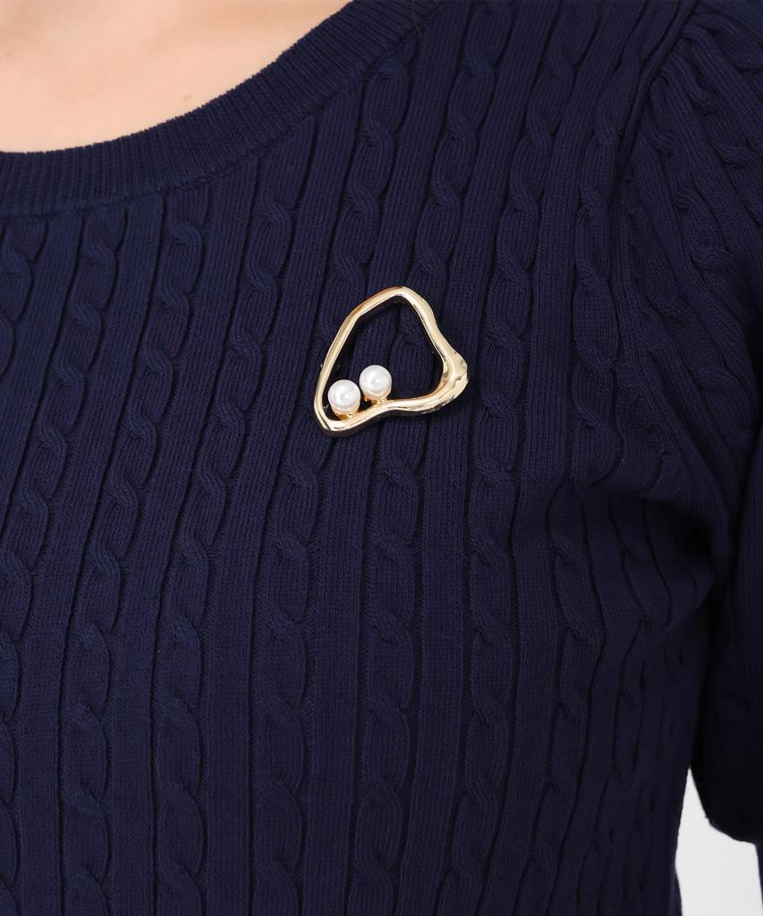Mishmash Short Sleeve Cable Knit Sweater with Perfect for Office Casual or Basic and Navy Women's Brooch, Outings, Simple,