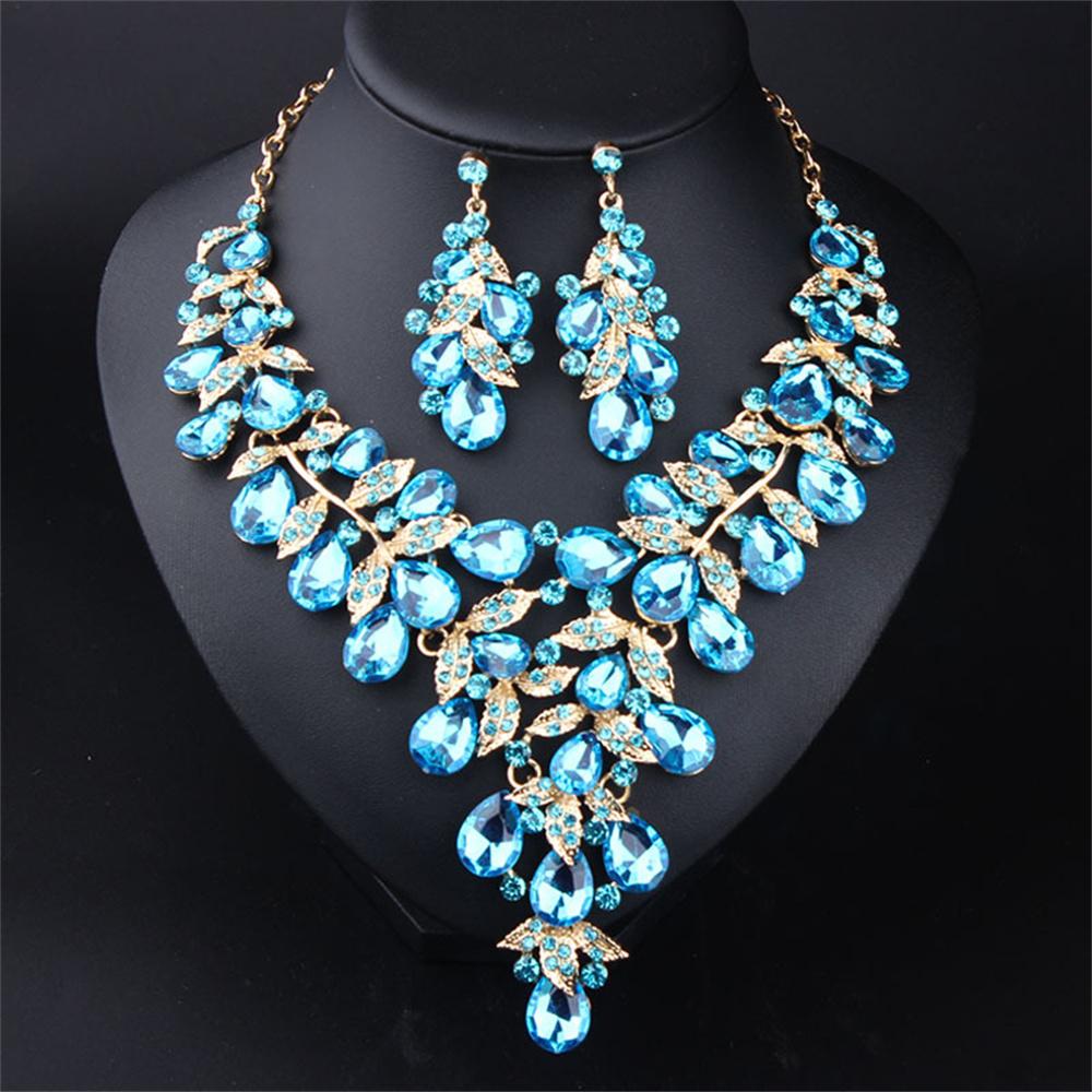 Gorgeous Colorful Crystal Flower Drop Collar Necklace Earring Luxury Wedding Jewelry Set Exaggerated Girl's Bridal Party Gift