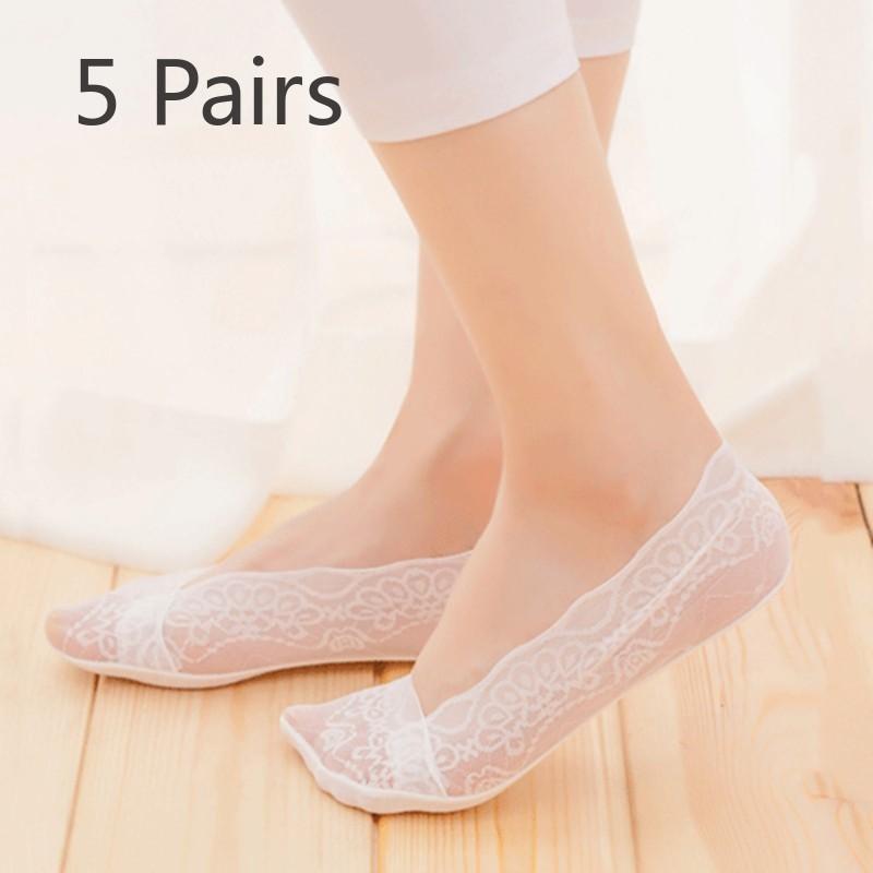 5 Çift Patik Çorap Kadın Dantelli Çoraplar Silikon Kaymaz Kaydırmaz Büyük Beden Yazlık İnce Derin Ağızlı Görünmez Çoraplar