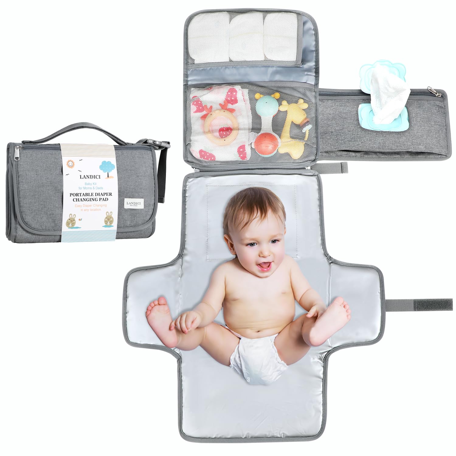 

LANDICI Пеленальный коврик для смены подгузников Детский Подгузник Большой вместимости Подгузник Водонепроницаемый Детский Портативный Подгузник Коляска для дома и подарок на детский праздник Коврик, Сумочка, Сиденье, серый
