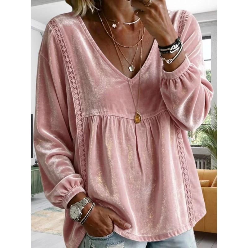 Womens V-Neck Velvet Loose Long Sleeve Top - Soft Casual Shirt In Solid Colors 2026
