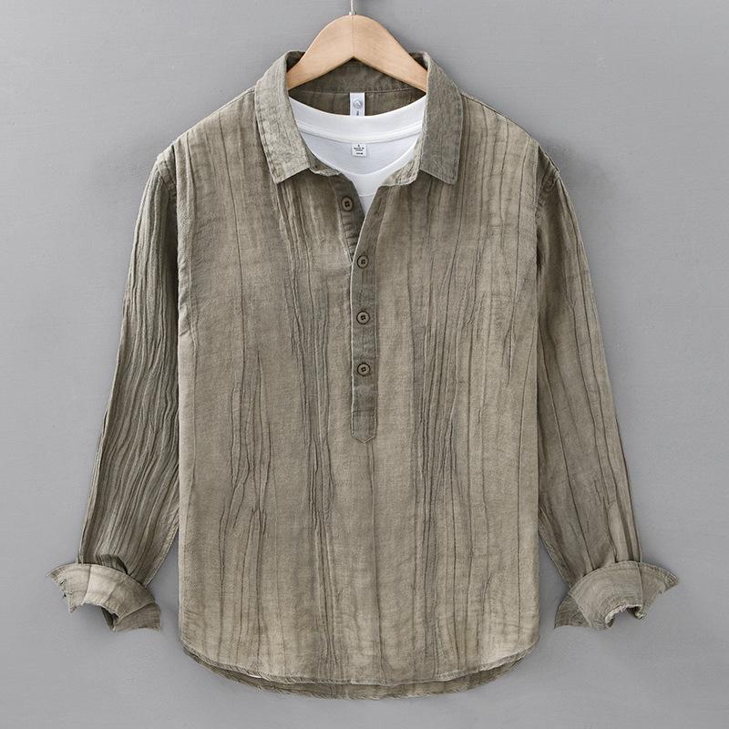 Spring and Summer Men's Linen Long-sleeved Shirt Casual Pleated Pullover Shirt