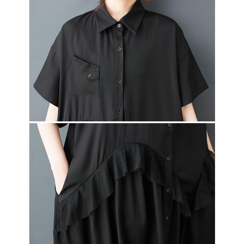 Dimanaf Plus Size Loose Dress Blouse Women 2025 Lace Spliecd Buttons New Summer Style Black Shirt Dress