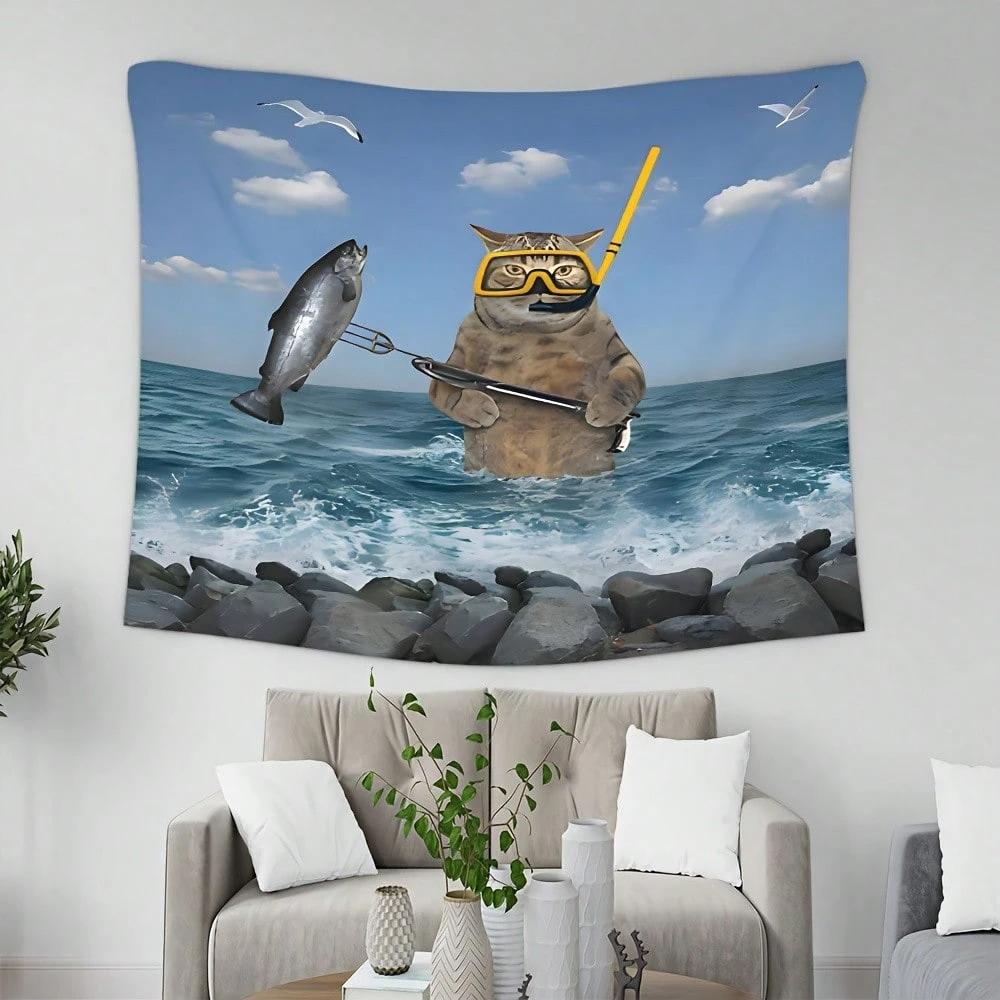 

1 PC Personalized Fishing Hook Tapestry for Cats Catching Fish Ocean Waves Design Decorative Cotton Wall Hanging Aesthetic Lar 74x94cm(29x37in)