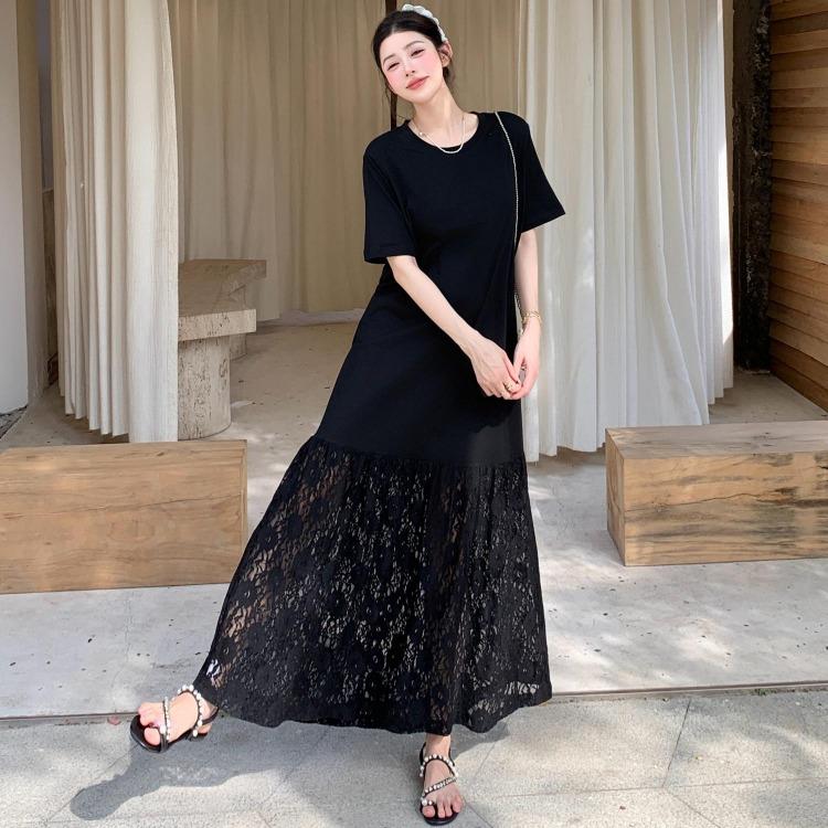 

Vintage Lace Spliced Summer Dress Plus Size Women Casual Loose Long Black Basic Dress 3XL чорний