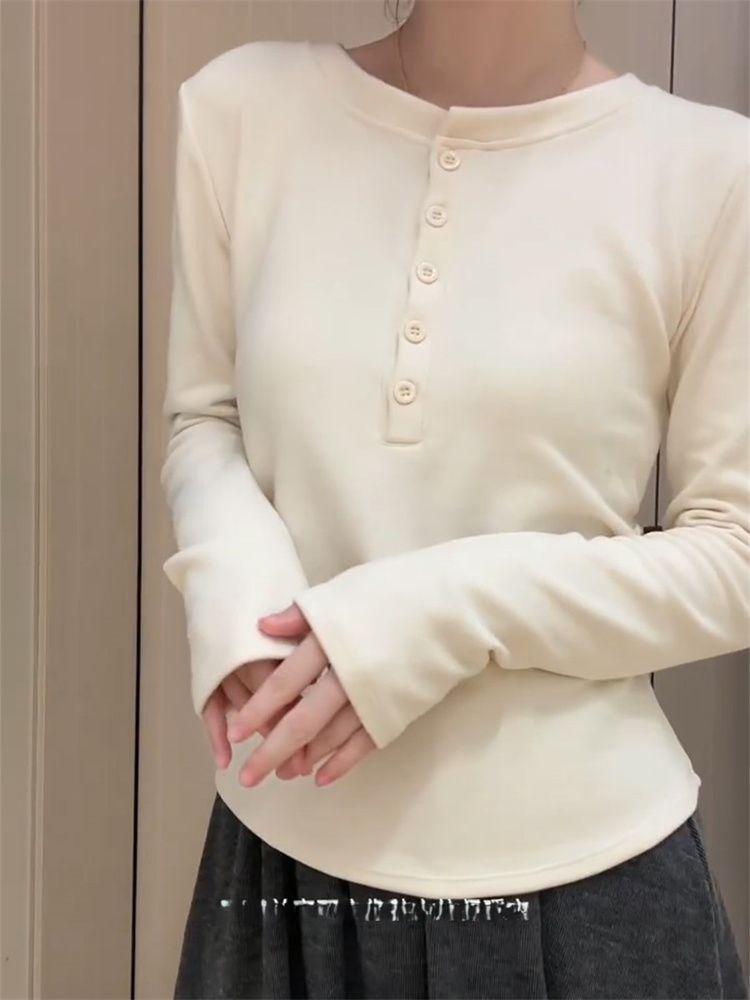 De Rong Women's Plus Velvet Cotton Slim-fit Pleated Top - Heat-generating, Brushed, and Constant Temperature Base Layer for Autumn/Winter.