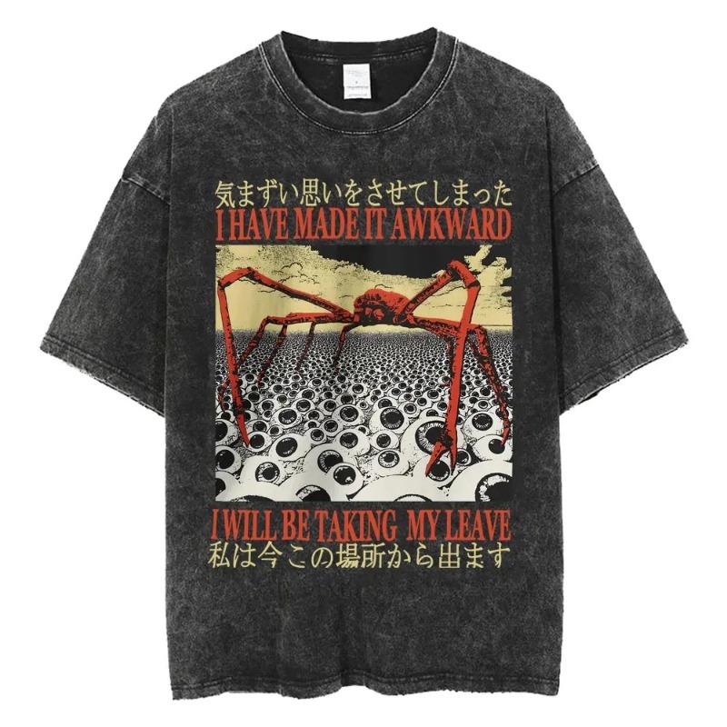 Kawaii Vintage Washed Black Cat Print T-Shirt Korean Style Casual Streetwear Oversized Cotton Tee for Women