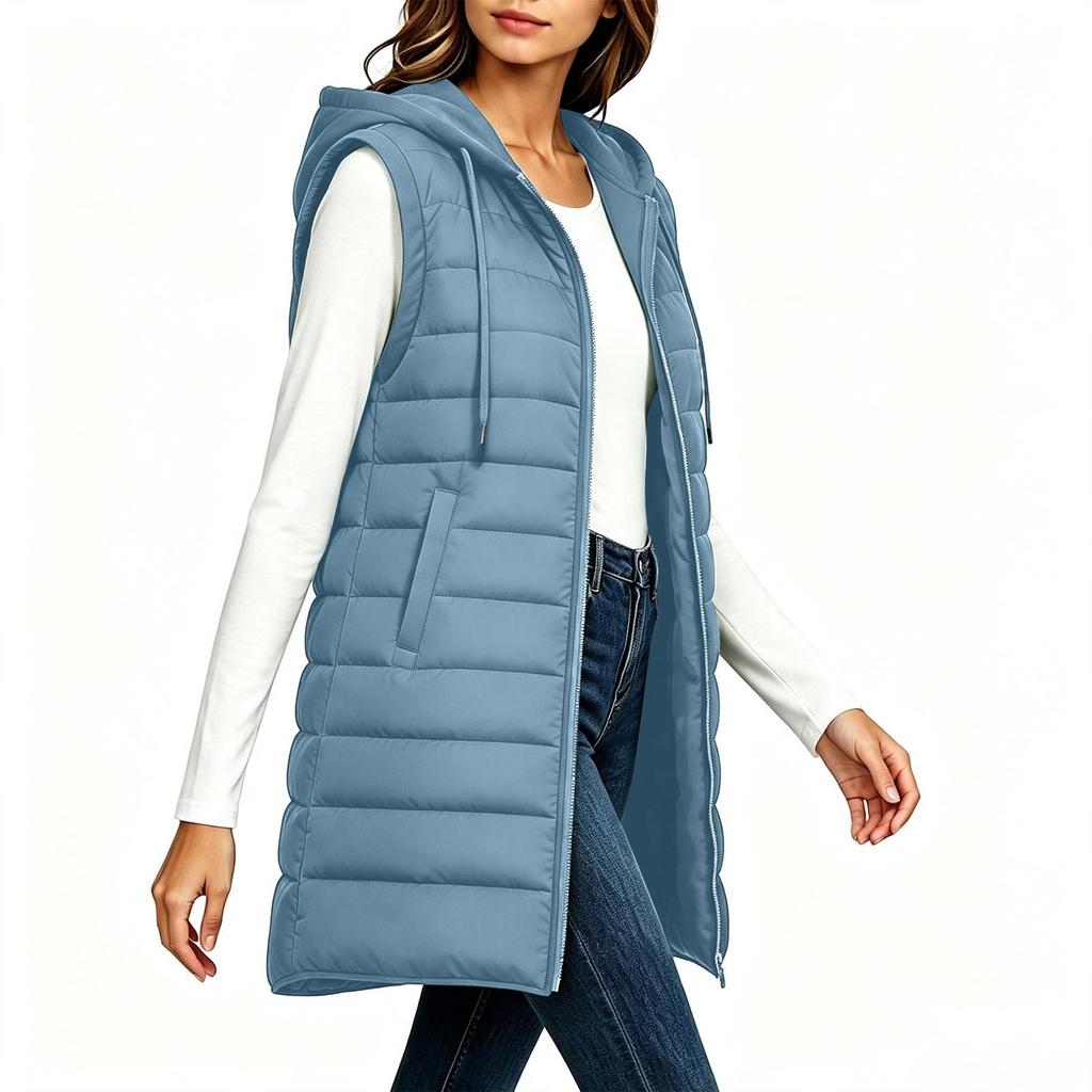 Women's Casual Long Hooded Sleeveless Quilted Vest