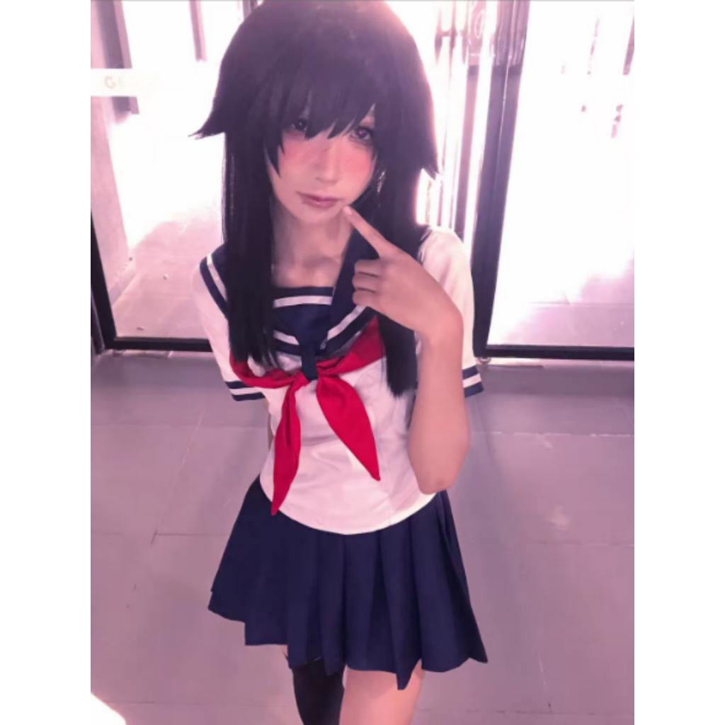 Halloween Party Girl's Navy Blue Sailor Skirt Pantyhose Loli Black Leather Shoes Yandere Simulator Ayano Aishi Cosplay Costume