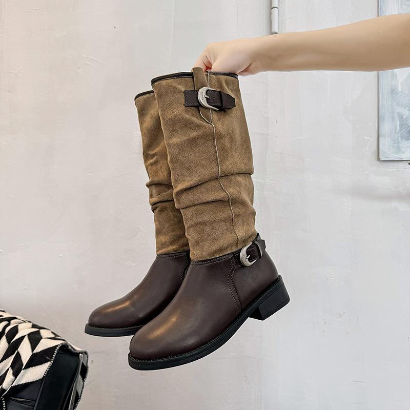 

Lu Yuxiao s same boots retro brown western cowboy boots 2025 new belt buckle medium boots versatile thick heel 35