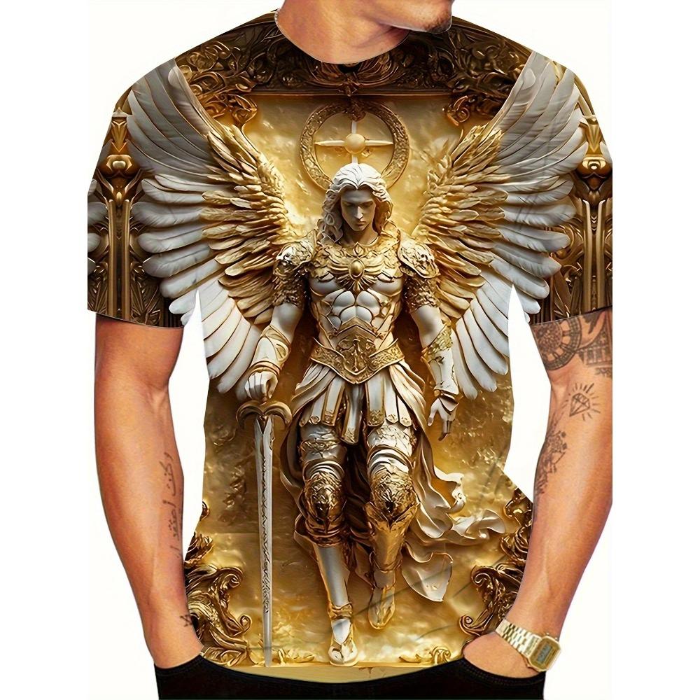Mens 3d Angel Warrior Graphic T Shirt Golden Sword Design 3D Printed Tshirt For Men Clothes Wing Ornate Border Unisex Tee Tops