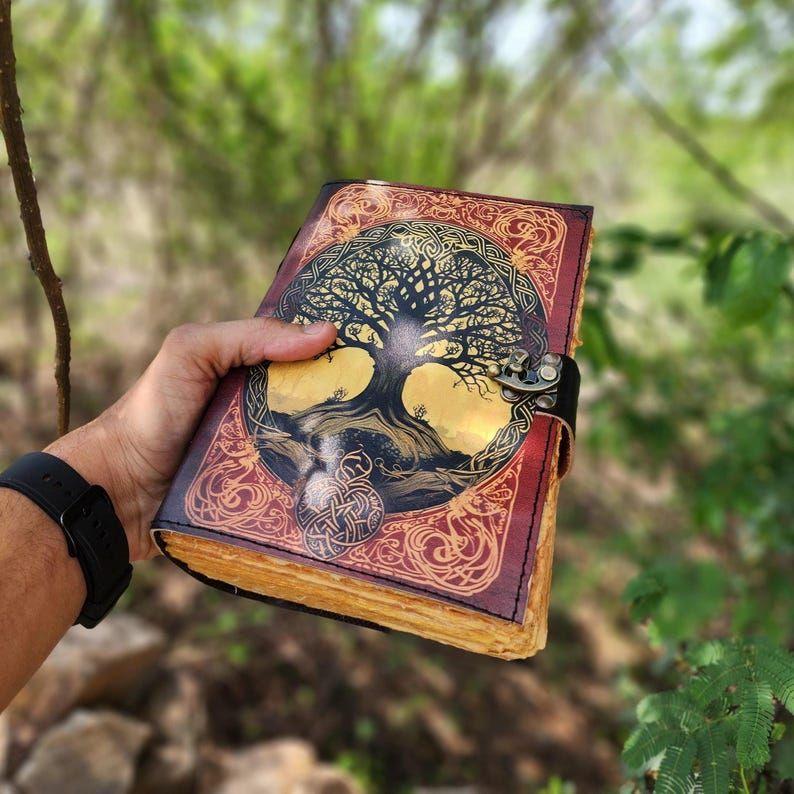 Grimoire Leather Journal, Tree Printed Leather Cover, Blank Spellbook Of Shadows, Sketchbook. Wedding Guest Book
