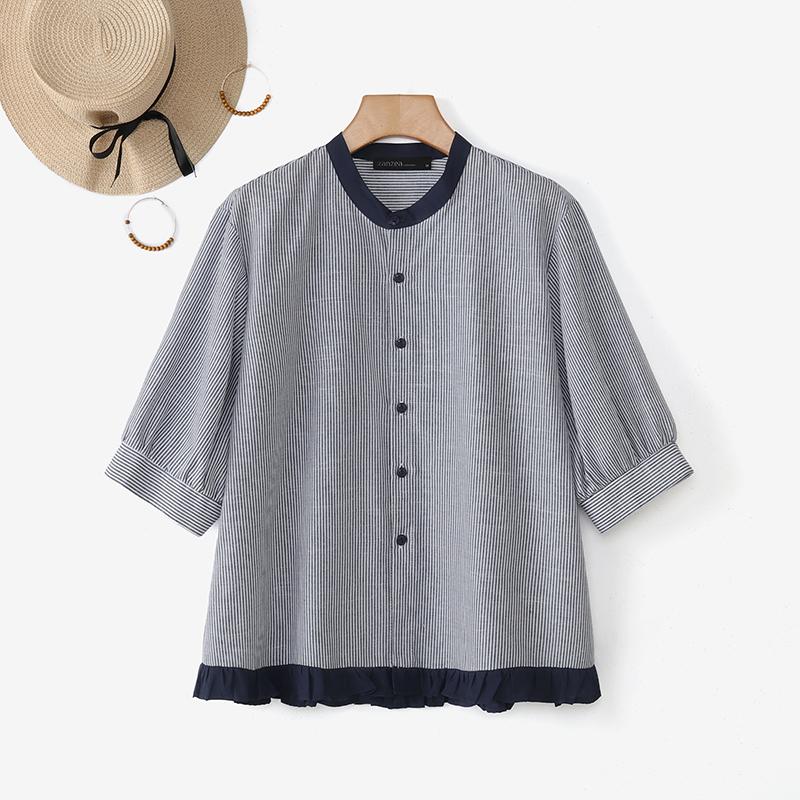 

ZANZEA Женская блузка с круглым вырезом, рукавами 3/4, свободная, в полоску